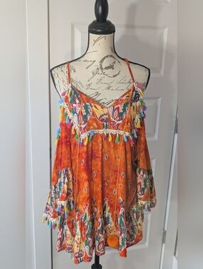 Velzera Orange Boho Cold-Shoulder Tassel Tunic Size M